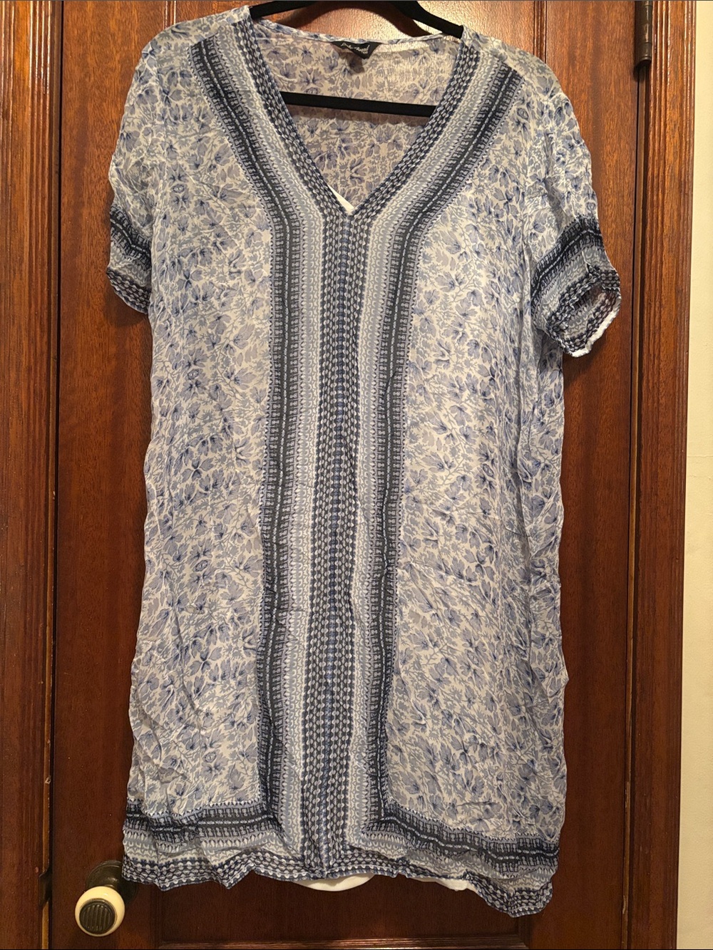 Blue Floral V-Neck Short Sleeve Sheer Women's Dress